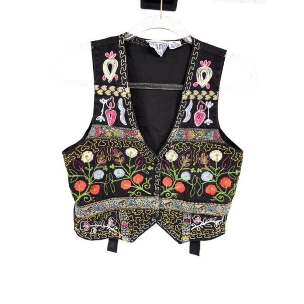 Vintage Speed Limit Embroidered‎ Floral Vest Black Cropped Boho Hippie Artisanal